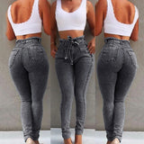 Fashion Belted High Waist Skinny Jeans Women