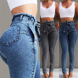Fashion Belted High Waist Skinny Jeans Women
