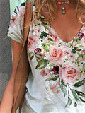 Rose Flower Print Women T Shirt 2022 New Summer Casual Short Sleeve V-Neck Loose Oversized Tops Ladies Large Size Street Clothes