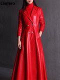 Lautaro Autumn Long Skirted Red Black Faux Leather Trench Coat for Women Double Breasted Elegant Luxury Fashion 4xl 5xl 6xl 7xl
