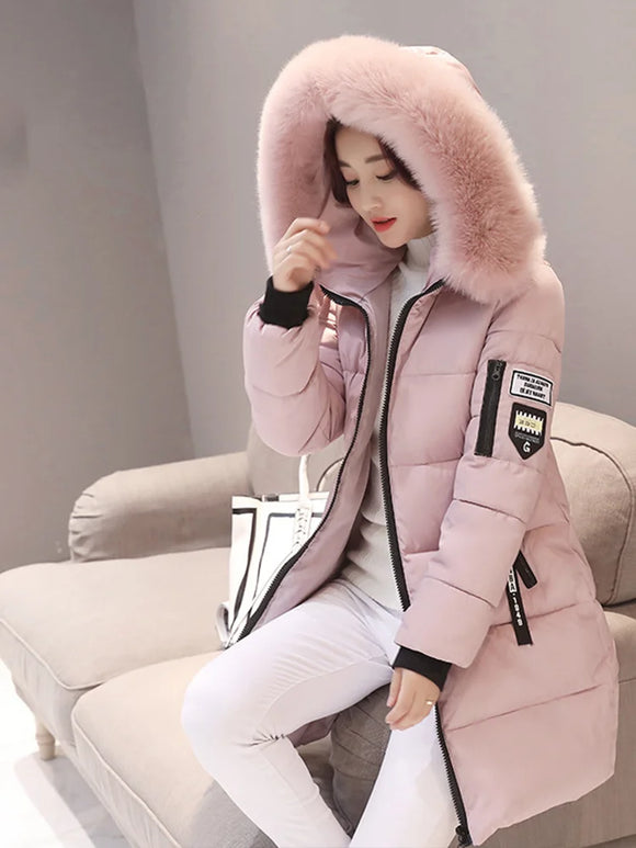 Women Winter Fur Collar Hooded Parka