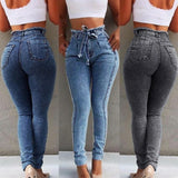 Fashion Belted High Waist Skinny Jeans Women