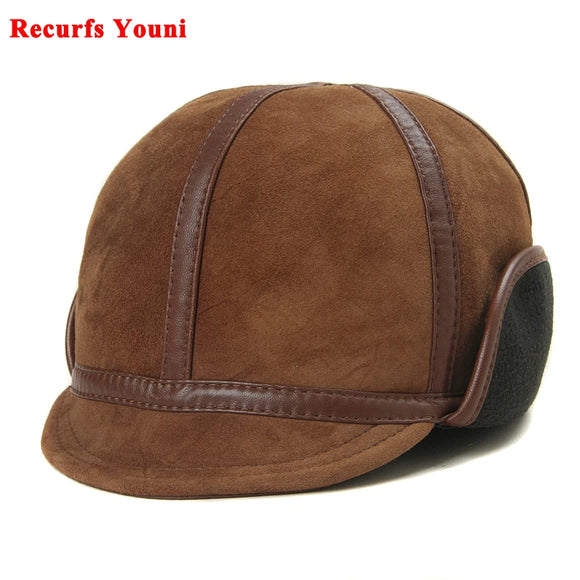 Winter Men's Soft Leather Short Brim Warm Bomber Hat