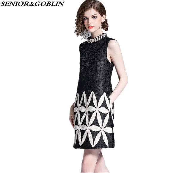 New Arrival 2024 Brand Clothing Summer Women Black White Patchwork Floral Embroidery Tank Casual Jacquard Sleeveless Party Dress