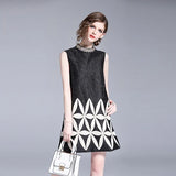 Women Black White Patchwork Floral Embroidery  Party Dress