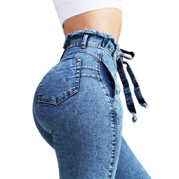 Fashion Belted High Waist Skinny Jeans Women