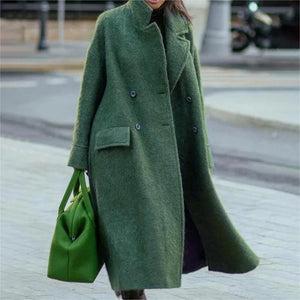 Autumn Winter Long Woolen Jacket Solid Color Temperament Commuter Without Belt Lapel Loose Type Woolen Green Jackets Long Wear