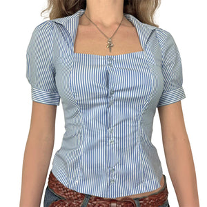 Print Blouse Short Sleeve V-Neck Button Down