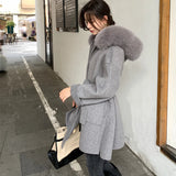 Luxury Loose Fox Fur Collar Hooded Wool&bland Mid-length coat