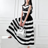 Korean Fashion Elegant Dress Women Summer Striped Patchwork Sleeveless V-neck Slim Waist Big A-line Dresses Temperament Vestidos