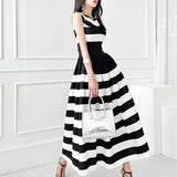 Korean Fashion Elegant Dress Women Summer Striped Patchwork Sleeveless V-neck Slim Waist Big A-line Dresses Temperament Vestidos