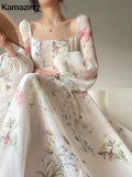 French Elegant Floral Party Dress Romantic One Piece Fairy Beach Dresses Woman Lantern Sleeve Evening Prom Vestidos 2024 Summer