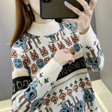 Women's Half High Collar Long Sleeve Printed Loose Sweaters