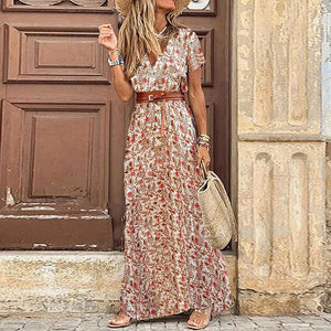 Vintage Print Slim With Belt Midi Dress