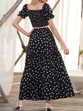 Square Neck Allover Print Shirred Puff Sleeve Crop Top &amp; Polka Dot Print Long Skirt 2PCS Clothing Set Elegant Lady Summer Sets
