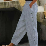 Print Stripe Button Rubber Waist Cropped Pants for Women