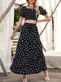 Square Neck Allover Print Shirred Puff Sleeve Crop Top &amp; Polka Dot Print Long Skirt 2PCS Clothing Set Elegant Lady Summer Sets