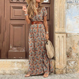 Vintage Print Slim With Belt Midi Dress