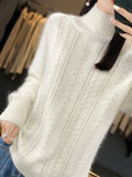 Women Cashmere Mock-neck Hollow Out Sweater Pullovers Autumn Winter 100% Mink Cashmere Knitwear Thick Fashion Clothing Tops New