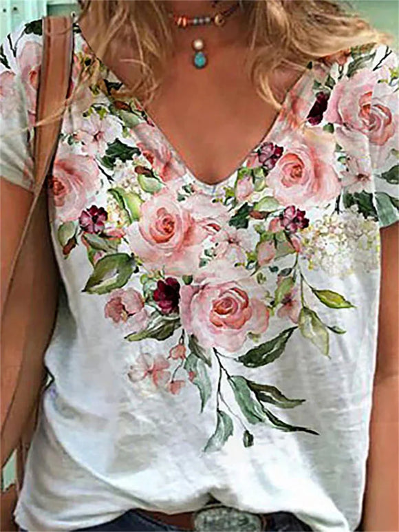 Rose Flower Print Women T Shirt 2022 New Summer Casual Short Sleeve V-Neck Loose Oversized Tops Ladies Large Size Street Clothes