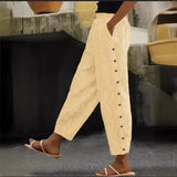 Print Stripe Button Rubber Waist Cropped Pants for Women