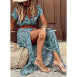 Vintage Print Slim With Belt Midi Dress