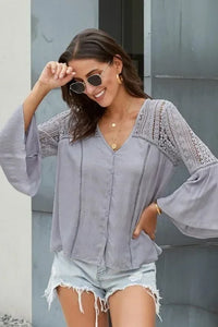 AYUALIN White Flare Sleeve Lace Blouses Women Top Vintage V Neck Hollow Summer Blouse Shirt 2024 Casual Boho Blusas