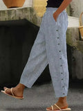 Print Stripe Button Rubber Waist Cropped Pants for Women