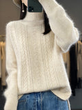 Women Cashmere Mock-neck Hollow Out Sweater Pullovers Autumn Winter 100% Mink Cashmere Knitwear Thick Fashion Clothing Tops New