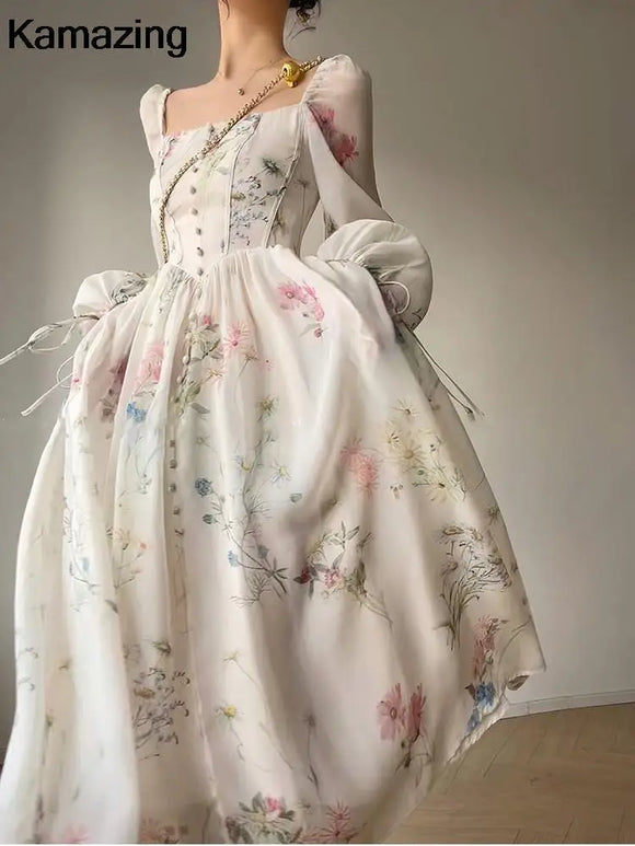 French Elegant Floral Party Dress Romantic One Piece Fairy Beach Dresses Woman Lantern Sleeve Evening Prom Vestidos 2024 Summer