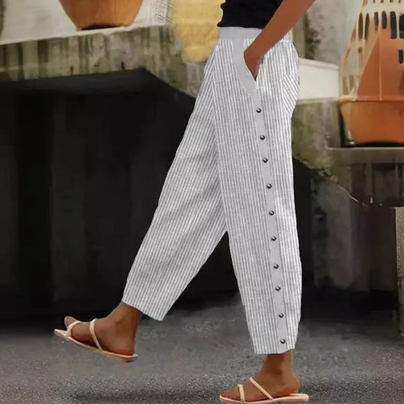 Print Stripe Button Rubber Waist Cropped Pants for Women