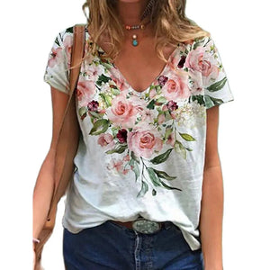Rose Flower Print Women T Shirt 2022 New Summer Casual Short Sleeve V-Neck Loose Oversized Tops Ladies Large Size Street Clothes