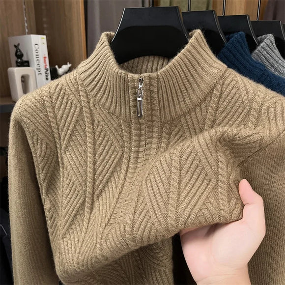 Thickened Men's Woolen Sweater with Half-high Collar and Zipper
