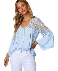 AYUALIN White Flare Sleeve Lace Blouses Women Top Vintage V Neck Hollow Summer Blouse Shirt 2024 Casual Boho Blusas