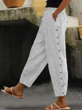 Print Stripe Button Rubber Waist Cropped Pants for Women