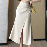 Seoulish Mid Skirts for Women Summer 2024 New Chinese Style Satin Fishtail Skirt Pleated Retro Office Lady Casual Skirts Female