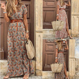 Vintage Print Slim With Belt Midi Dress
