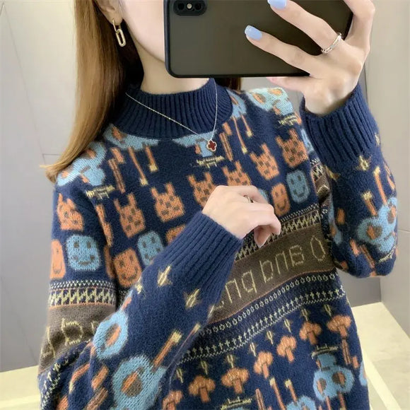 Women's Half High Collar Long Sleeve Printed Loose Sweaters