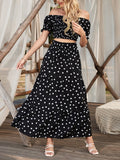 Square Neck Allover Print Shirred Puff Sleeve Crop Top &amp; Polka Dot Print Long Skirt 2PCS Clothing Set Elegant Lady Summer Sets