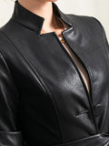 Long Black Soft Waterproof Faux Leather Coat Women