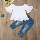 Fashion 1-6Y Baby Girls Clothes Sets Girl White Tops T-shirt Kids Denim Long Pants Jeans Toddler Outfits Set 2Pcs Suits Outfits