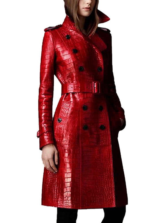 Red Crocodile Print Leather Trench Coat for Women