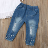 Fashion 1-6Y Baby Girls Clothes Sets Girl White Tops T-shirt Kids Denim Long Pants Jeans Toddler Outfits Set 2Pcs Suits Outfits