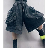 New Summer Korean Style Women Loose Casual Cotton Denim Knee Length Jeans Big Pocket Patchwork Elastic Waist Wide Leg Pants W720