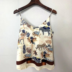 2020 National Style Spring Summer Women Sexy Spaghetti Strap Tank Top Vintage Print Camis Femme chiffon V Neck Tops S808