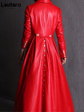 Lautaro Autumn Long Skirted Red Black Faux Leather Trench Coat for Women Double Breasted Elegant Luxury Fashion 4xl 5xl 6xl 7xl