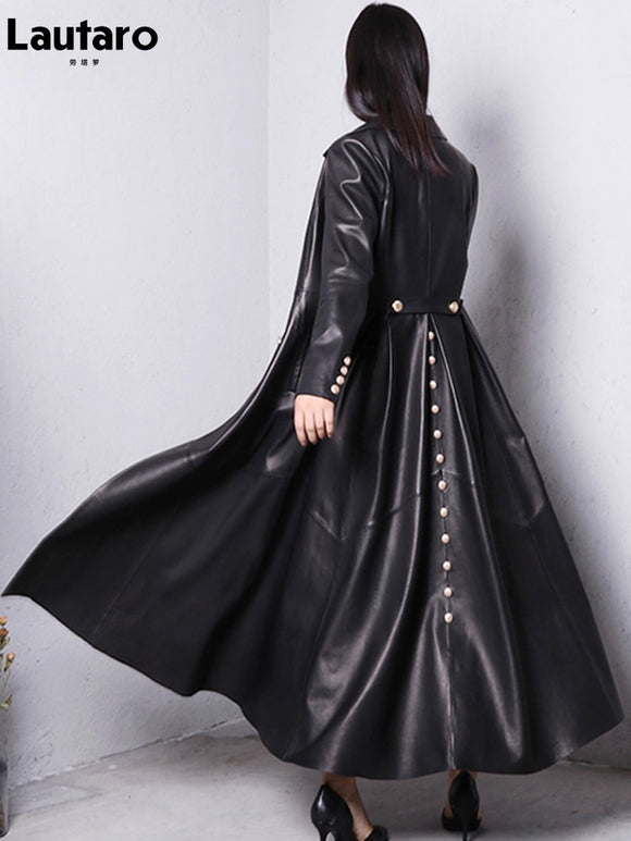 Lautaro Autumn Long Skirted Red Black Faux Leather Trench Coat for Women Double Breasted Elegant Luxury Fashion 4xl 5xl 6xl 7xl