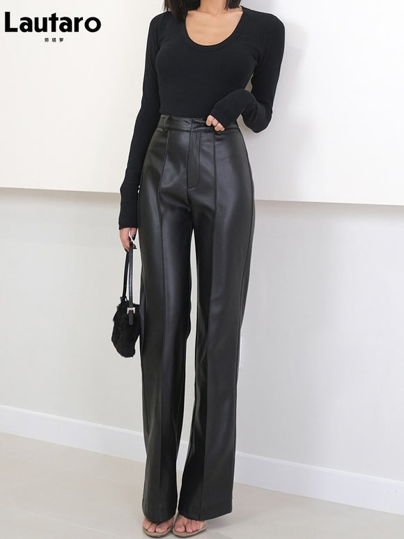 Lautaro Spring Autumn Long Black Soft Pu Leather Pants Women with Zipper High Waist Casual Elegant Straight Leg Trousers 2022