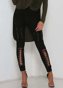 Sexy Women Lace Up Faux Suede Stretch Bodycon Pencil Pants