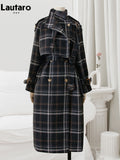 Long Warm Plaid Wool Blends Trench Coat for Women